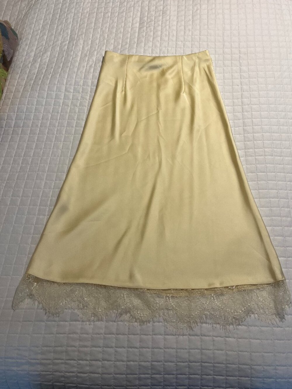 Butter Yellow Satin Lace Trim Midi Slip Skirt XS Sincerely Jules